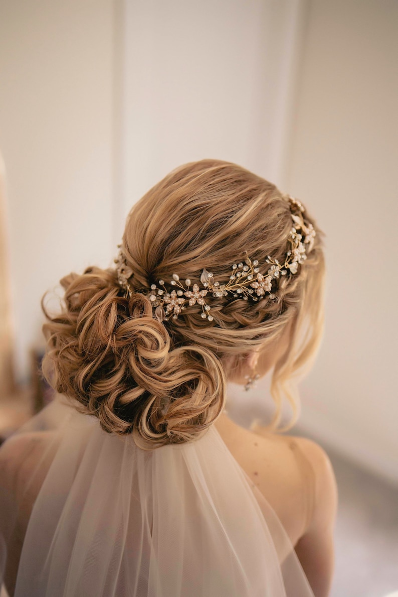 Bendable Long Hair Vine Flower Wedding Headpiece, Boho Bridal Hair Crown, Hair Wreath, Halo, Gold, Rose Gold, Silver 'VIOLETTA LONG' image 1