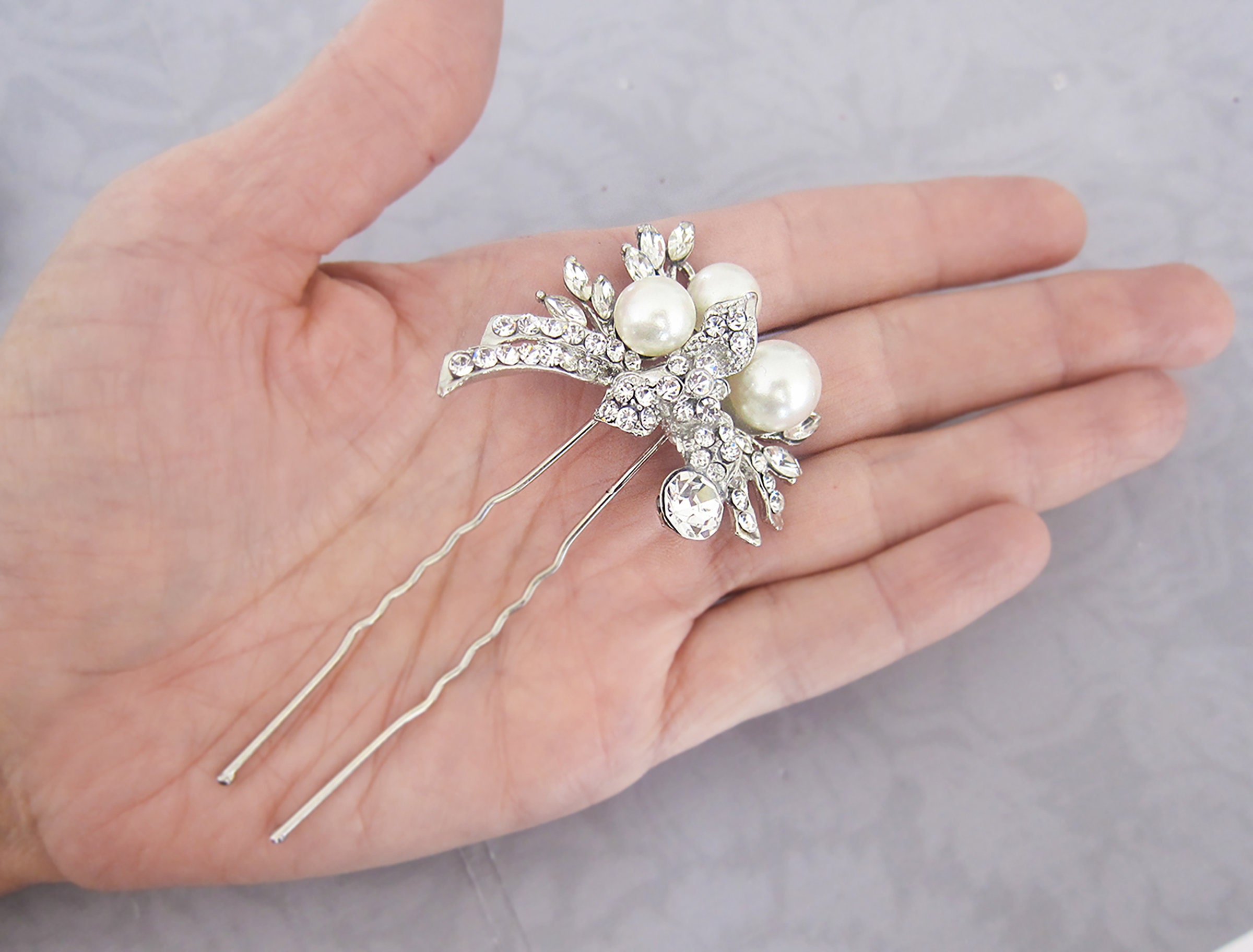 Vintage Style Pearl Hair Pin, Pearl Crystal Floral Hair Pin