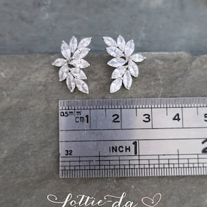 May include: A pair of silver earrings with a cluster of clear cubic zirconia stones in a leaf-like design. The earrings are approximately 1 inch in length.