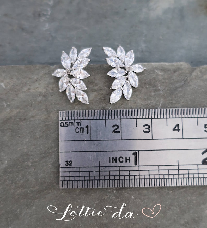 May include: A pair of silver earrings with a cluster of clear cubic zirconia stones in a leaf-like design. The earrings are approximately 1 inch in length.