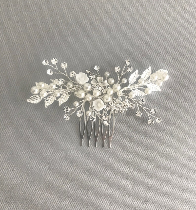 Wedding Hair Accessory Boho Bridal Hair Comb crystal pearl with leaves and flowers 'Zara' image 2