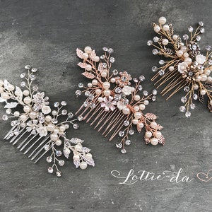 Wedding Hair Accessory Boho Bridal Hair Comb crystal pearl with leaves and flowers 'Zara' Antique Gold