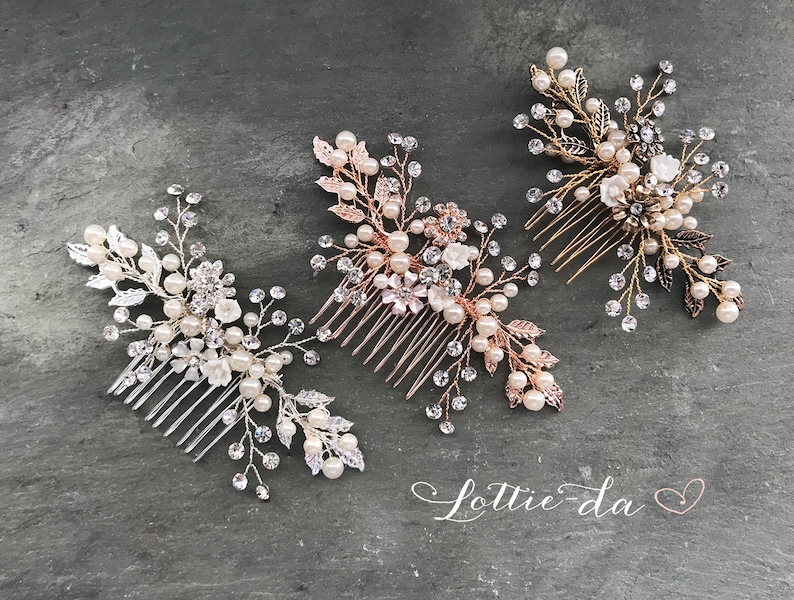 Wedding Hair Accessory Boho Bridal Hair Comb crystal pearl with leaves and flowers 'Zara' Antique Gold