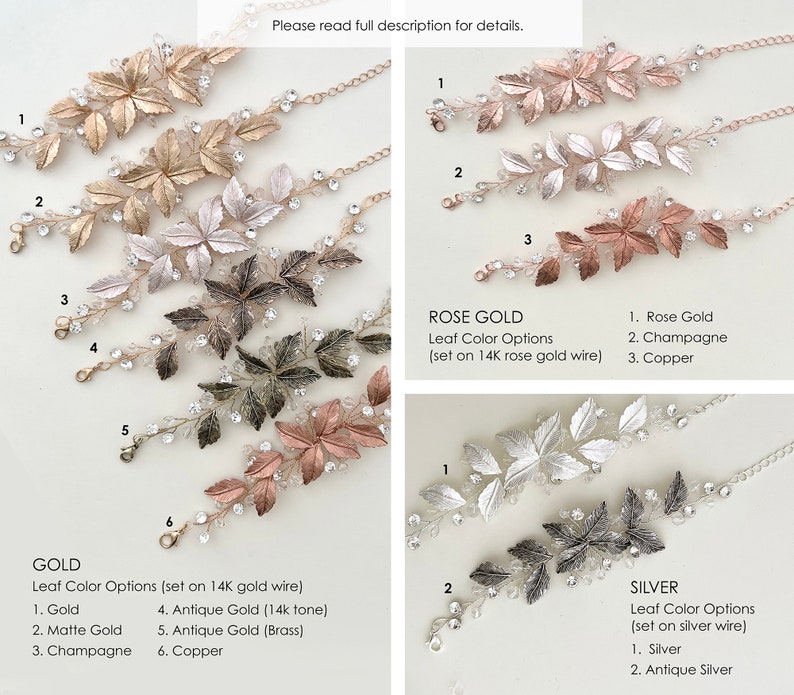 Color options for wedding jewelry lead design. Gold, matte gold, champagne, antique gold, brass, bronze, copper. rose gold, silver, antique silver.