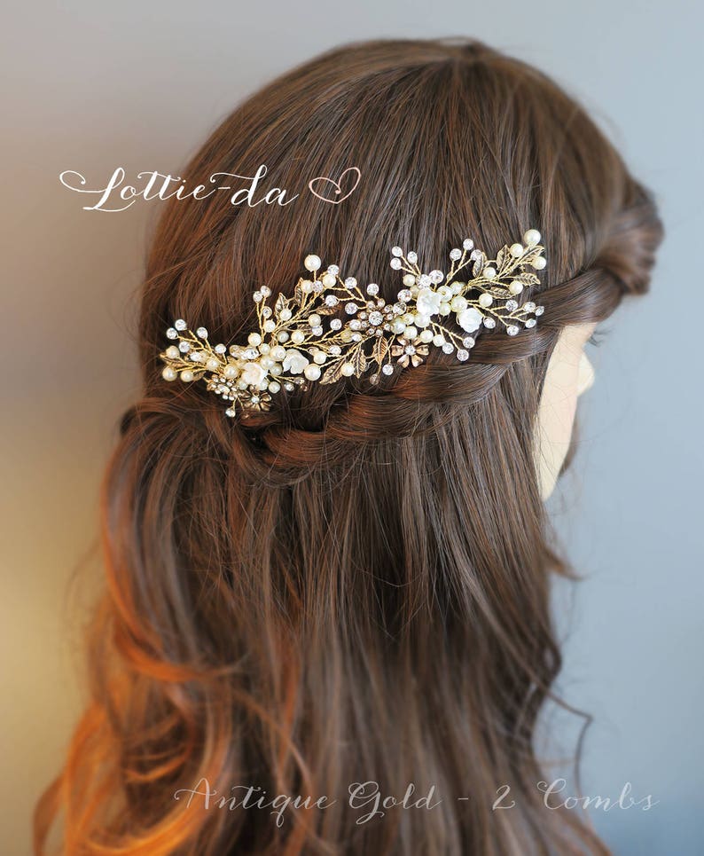 Wedding Hair Accessory Boho Bridal Hair Comb crystal pearl with leaves and flowers 'Zara' image 8