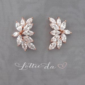 May include: A pair of rose gold earrings with a cluster of clear cubic zirconia stones in a leaf design.