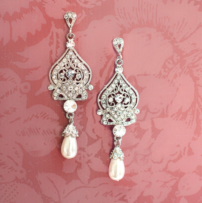 Wedding Chandelier Earrings, Bridal Earrings, Pearl Chandelier Earrings, Vintage Style Wedding Earrings 'ALISA' image 1