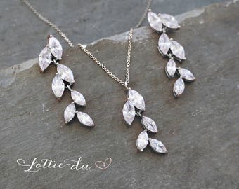 Silver Vintage Style Bridal Leaf Earring Necklace Set, Rose Gold, Gold or Silver Wedding Earrings, Marquise Chandelier Earrings - 'AVITA'