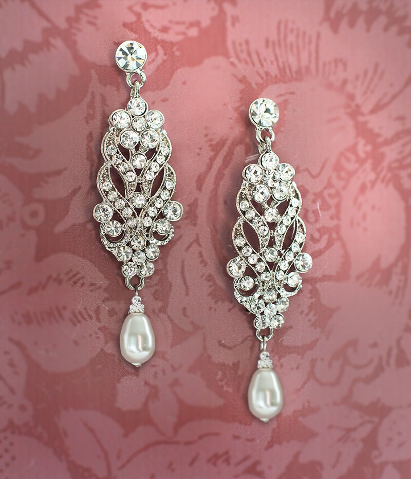 Vintage Crystal Bridal Earrings Deco Earrings Pearl Wedding Etsy