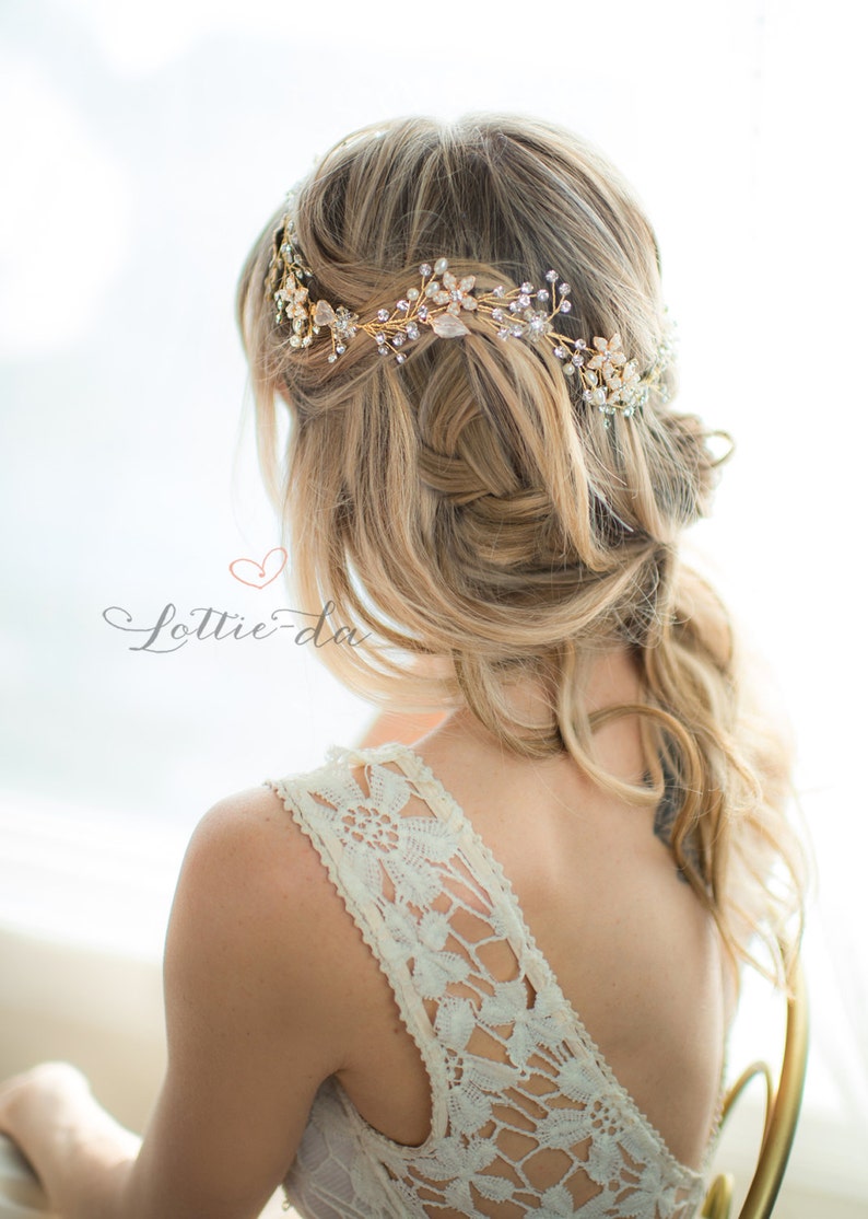 Bendable Long Hair Vine Flower Wedding Headpiece, Boho Bridal Hair Crown, Hair Wreath, Halo, Gold, Rose Gold, Silver 'VIOLETTA LONG' image 2