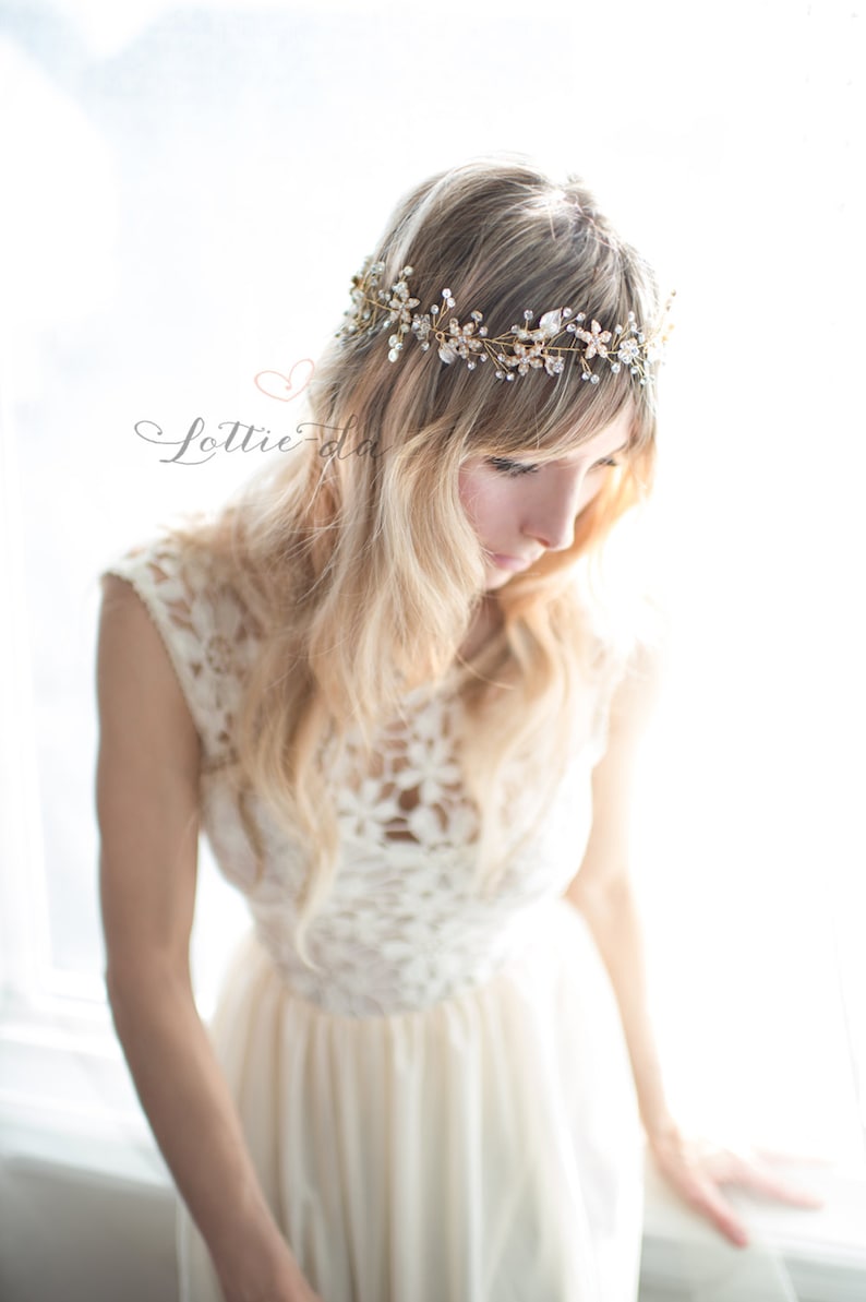 Long boho beach wedding beaded flower wire hair vine bridal accessory, Violetta Long image 6