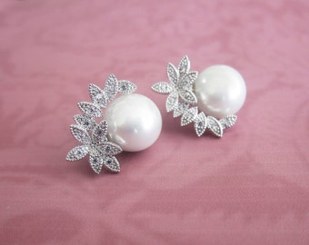 Vintage Style Pearl Flower Wedding Earrings, Pearl Bridal Earrings, 1950s Wedding Stud Earrings, Gatsby, Silver, Rose Gold, Gold - 'ADENA''