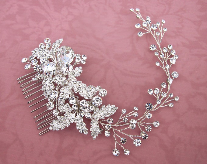 Boho Silver Hair Vine Crystal Side Hair Comb Wedding Leaf Etsy