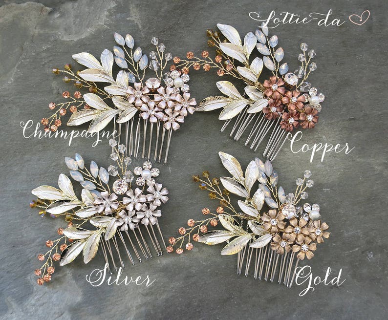 Mixed Metal Boho Bridal Comb with flowers and leaves opal image 1