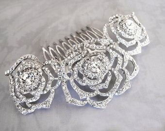 Vintage Silver Rosebud Hair Comb: Pearl & Crystal Floral  display picture 1