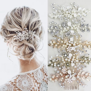 Wedding Hair Accessory Boho Bridal Hair Comb crystal pearl with leaves and flowers - 'Zara'