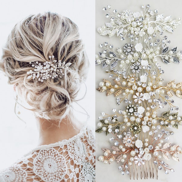 Wedding Hair Accessory Boho Bridal Hair Comb crystal pearl with leaves and flowers - 'Zara'