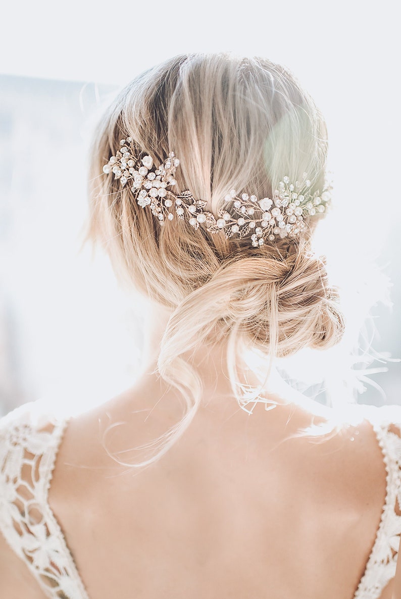 Boho Wedding Hair Accessory, Bridal hair vine halo in antique gold, silver, rose gold with pearls and leaves Zinnia image 1