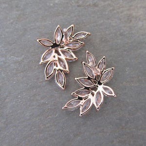 May include: A pair of rose gold earrings with a leaf design. The earrings are made of metal and have clear crystals.