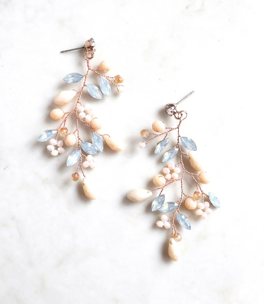 Wedding Vine Earrings, Bridal Vine Earrings With Blush Pink Peach Opal