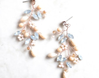 Wedding Vine Earrings, Bridal Vine Earrings with Blush Pink Peach Opal beads crystals, Wedding Earrings, Boho Woodland Earrings - "ROSALIA"