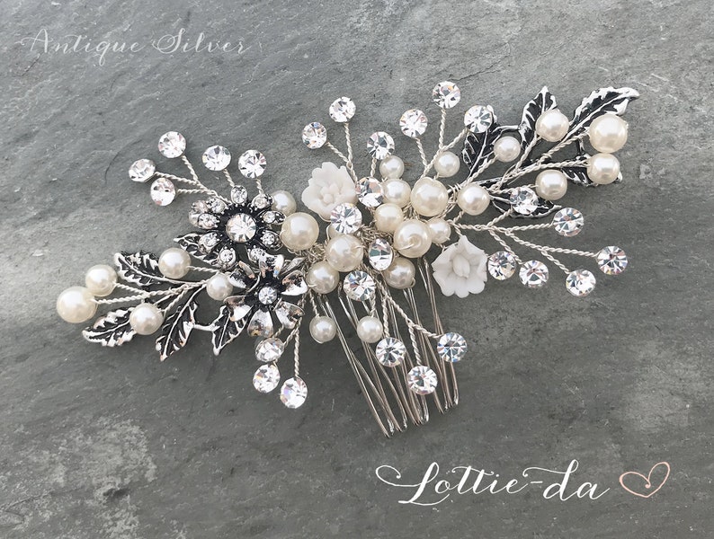 Wedding Hair Accessory Boho Bridal Hair Comb crystal pearl with leaves and flowers 'Zara' Antique Silver