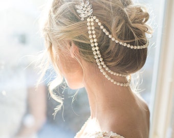 Pearl bridal hair chain in rose gold, gold or silver, Vintage Style Wedding Pearl Draped Hair Comb, Pearl Hair Accessory - 'ANA'