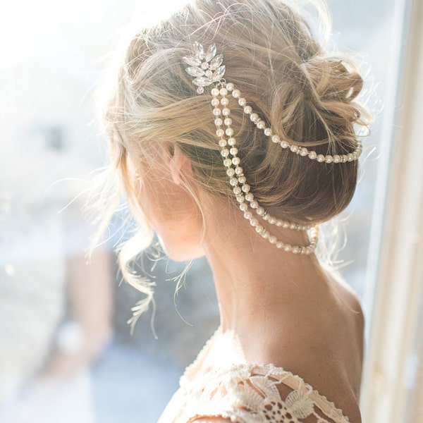 Pearl bridal hair chain, Vintage Style Bridal Hair Wrap, Wedding Pearl Draped Hair Comb, Pearl Hair Accessory, Vintage Halo  - 'ANA'
