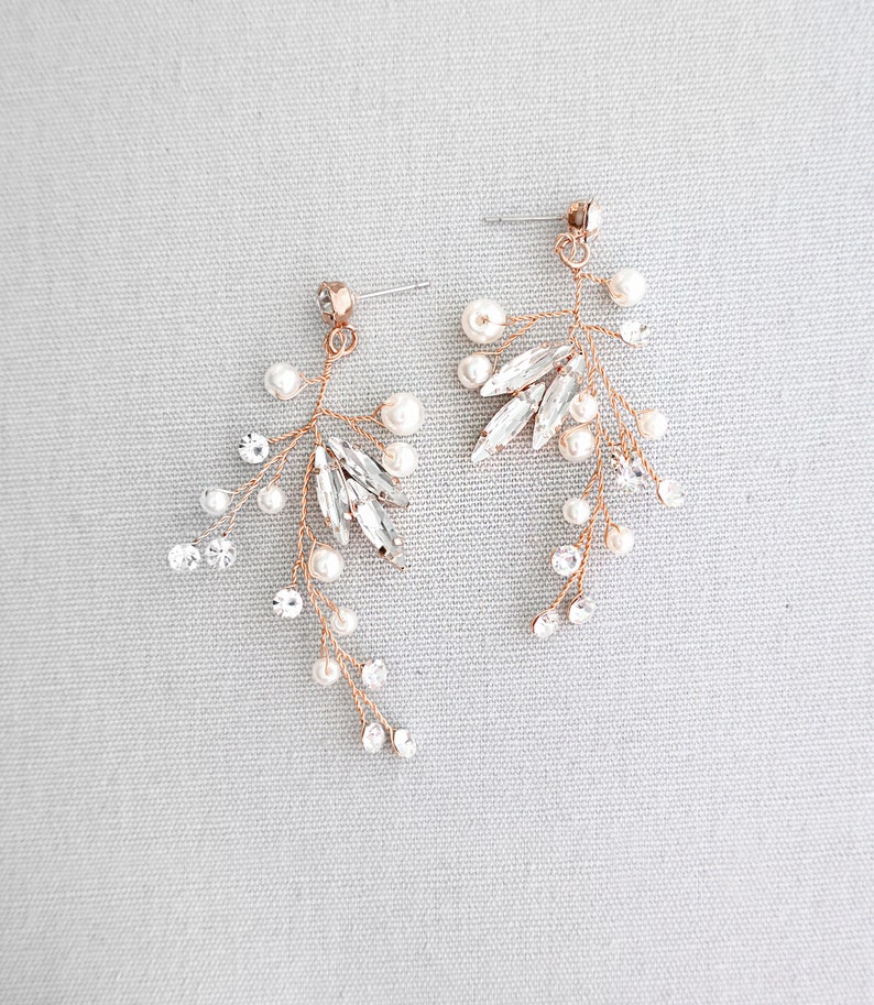 Wedding Vine Earrings, Bridal Earrings with crystals pearls, Wedding Earrings, Gold Silver Rose Gold, Boho Pixie Woodland Earrings LILLI Rose Gold