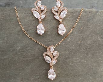 Vintage Style Crystal Wedding Earrings Pendant Necklace Set, 1920s Gatsby Bridal Earrings, Bridesmaid Earrings - 'ALLURA'