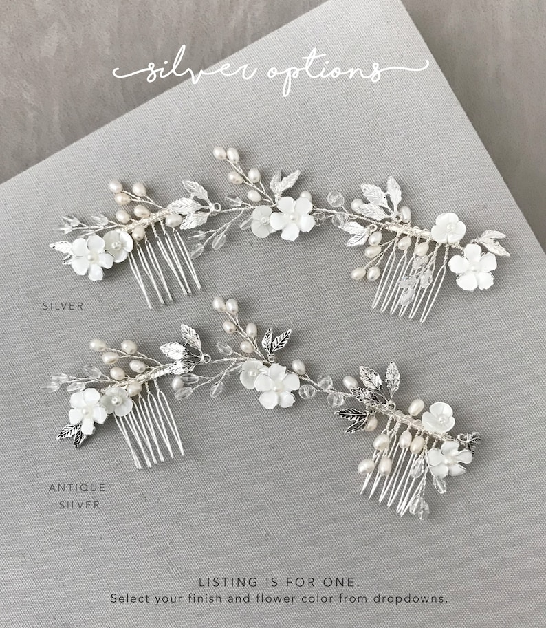 Bridal hair comb with flowers, leaves, pearls and crystals. Available in silver or antique silver.