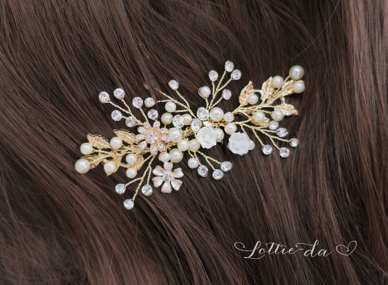 Gold Wedding Hair Accessories Bridal Pearl Flower Hair Comb Etsy