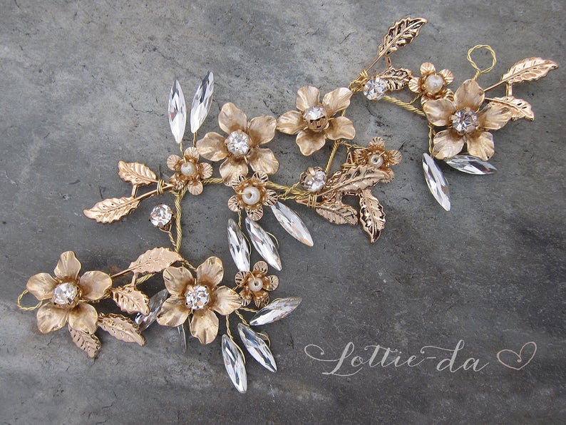 Champagne Gold Flower Hair Wreath Copper Boho Wire Hair Vine Headpiece Silver /'FAWN/' Gold Bridal Headband Wedding Headband