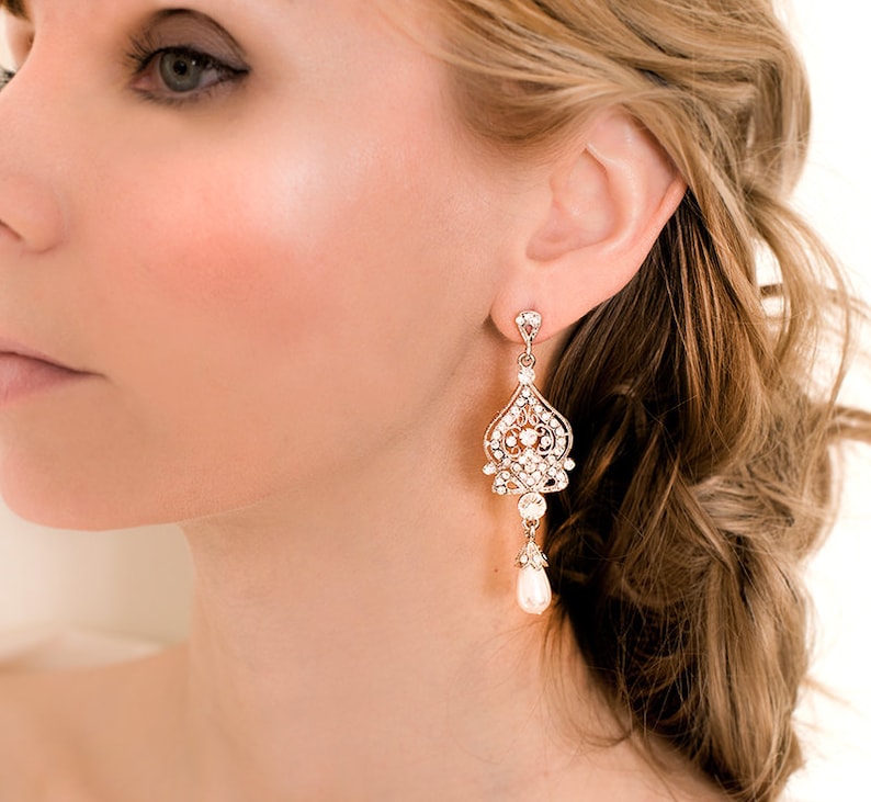 Wedding Chandelier Earrings, Bridal Earrings, Pearl Chandelier Earrings, Vintage Style Wedding Earrings 'ALISA' image 2