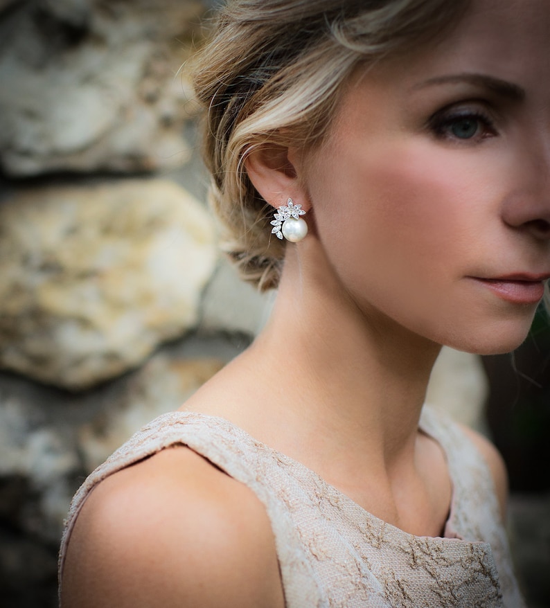 wedding Classic Pearl Earrings, Bridal pearl earring necklace set, model wearing vintage dress with messy updo for hair