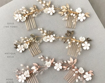 Boho Hochzeit Haarranke, Braut Haarschmuck, Blumen Blätter Haarkamm, Gold, Rosegold, Silber, Antik Silber, Antik Gold - 'BELLA'