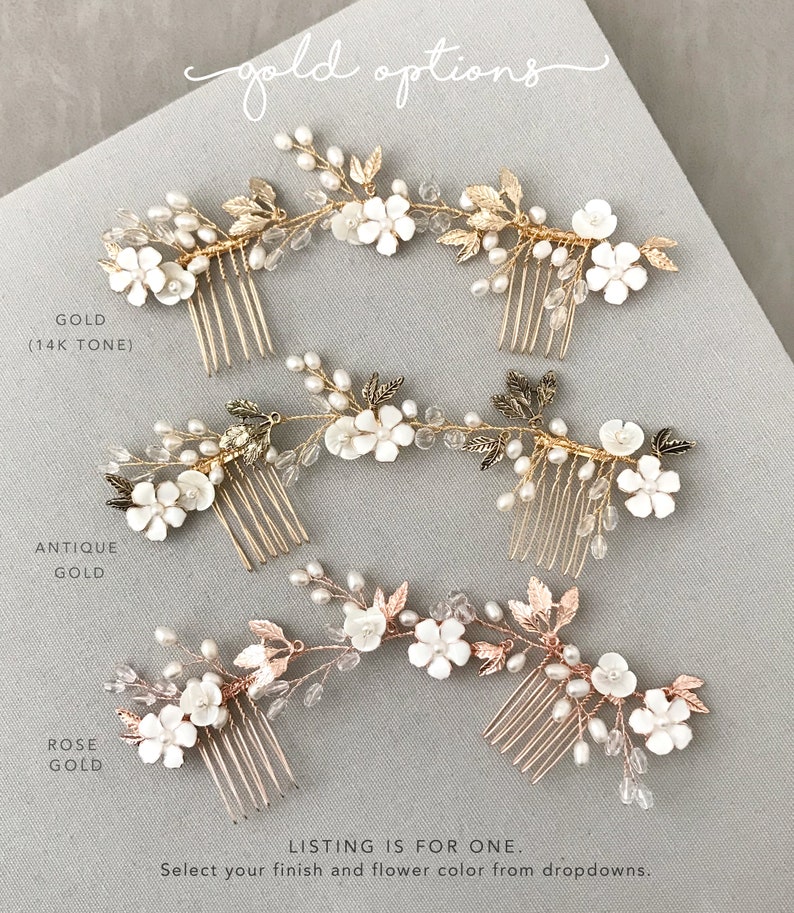 Flower Bridal hair combs with pearls and leaves. Available in gold, antique gold and rose gold.