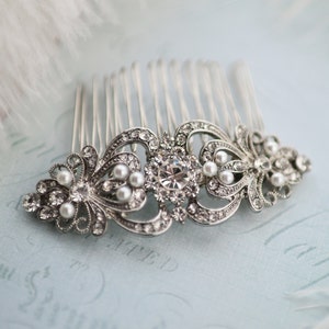 Silver Wedding Hair Comb. Vintage Style for Classic Bride, Ornate Decorative Bridal Headpiece with pearls, Veil Comb or Clip 'Juliet' image 2