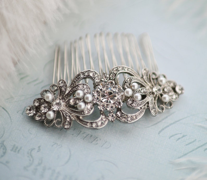 Silver Wedding Hair Comb. Vintage Style for Classic Bride, Ornate Decorative Bridal Headpiece with pearls, Veil Comb or Clip 'Juliet' image 2