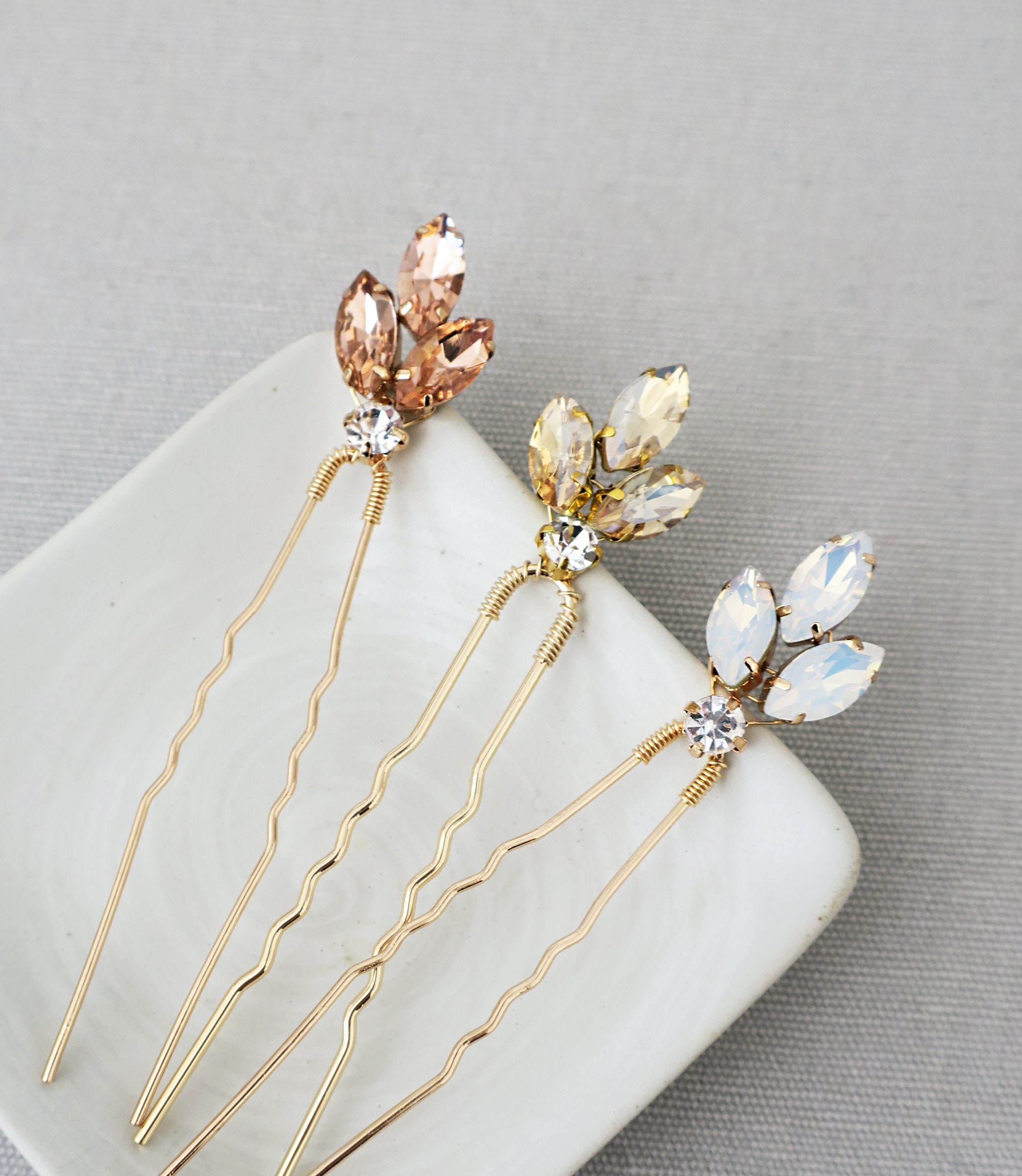 Vintage Wedding Hair Accessory in Opal Champagne Peach Blush Crystal, Marquise Shape Crystal Bridal Hair Pin, Boho hair accessory - 'MIRIAM'