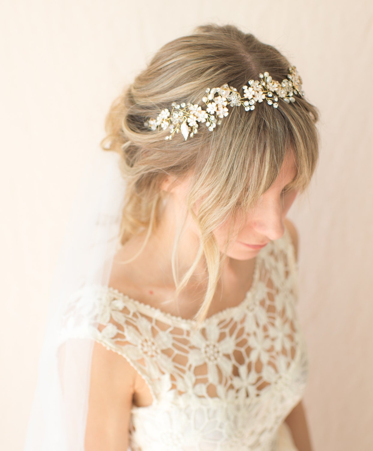Wedding Headband With Flowers, Pearl and Champagne Leaves 