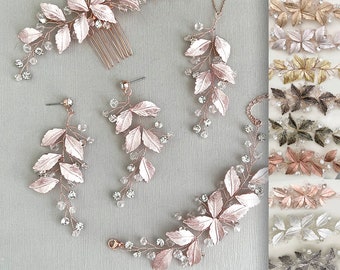 Folklore Wedding Set with Earrings, Natural Necklace, Bracelet, Hair Comb with Leaf design. Boho, rustic, garden, pixie,  theme - "NAIDA"