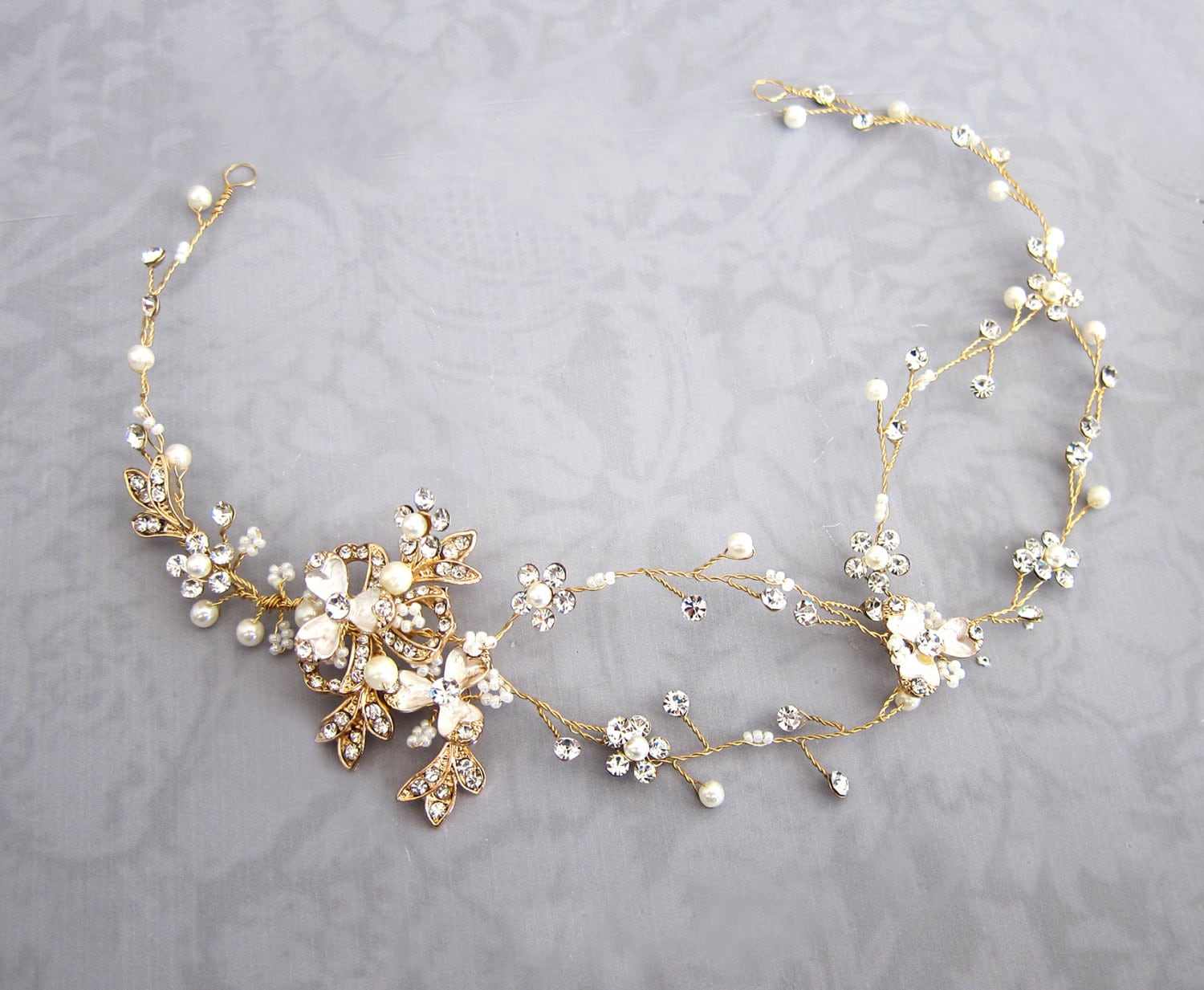 Liane de cheveux bohème dorée, liane de cheveux demi-halo en or rose de mariage, casque de mariage de fleurs en or rose, or, argent - « EVE »