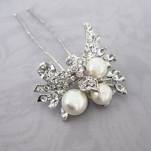 Vintage Style Pearl Bridal Hair Pin, Wedding Silver Crystal Vintage Hair Pin, 1920s Gatbsy Hair Accessory - 'NOVA'