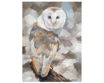 Barn Owl painting, Original 9 x 12 inch on Stretched Canvas, Neutral Tones