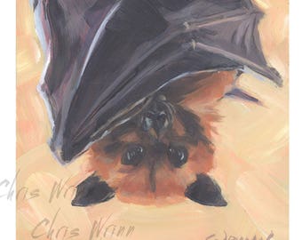Fruit Bat Painting, Flying Fox 4x4 inches on Panel, Home Decor, Animal Art