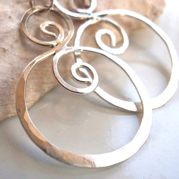 Handmade Hammered Silver Hoop Earrings with Swirls