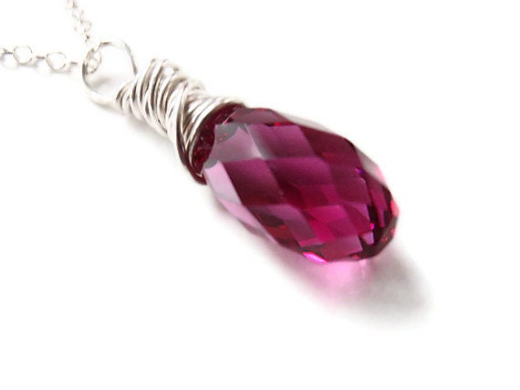 Items similar to Crystal Pendant Necklace Raspberry with Silver Wire ...