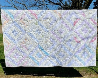 Quilt handmade professional quilting brights lap,  baby shower gift, pastels, white, cuddle quilt