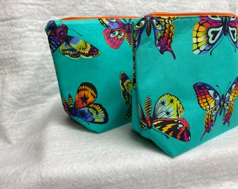 Colorful Butterflies makeup Toiletry clutch cosmetic pouch all cotton blue purple Tula Pink Daydreamer Butterfly